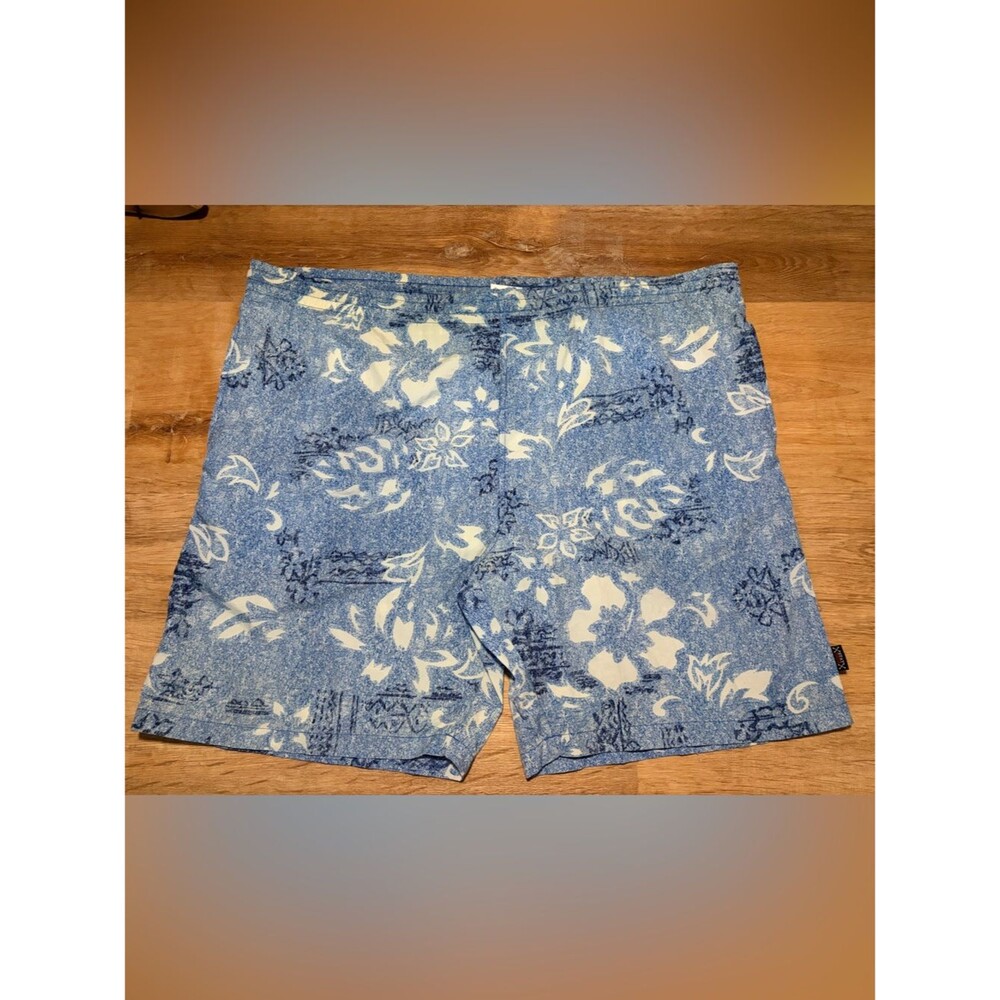Vintage Blue and White Hawaiian Floral Men’s Swim Board Shorts